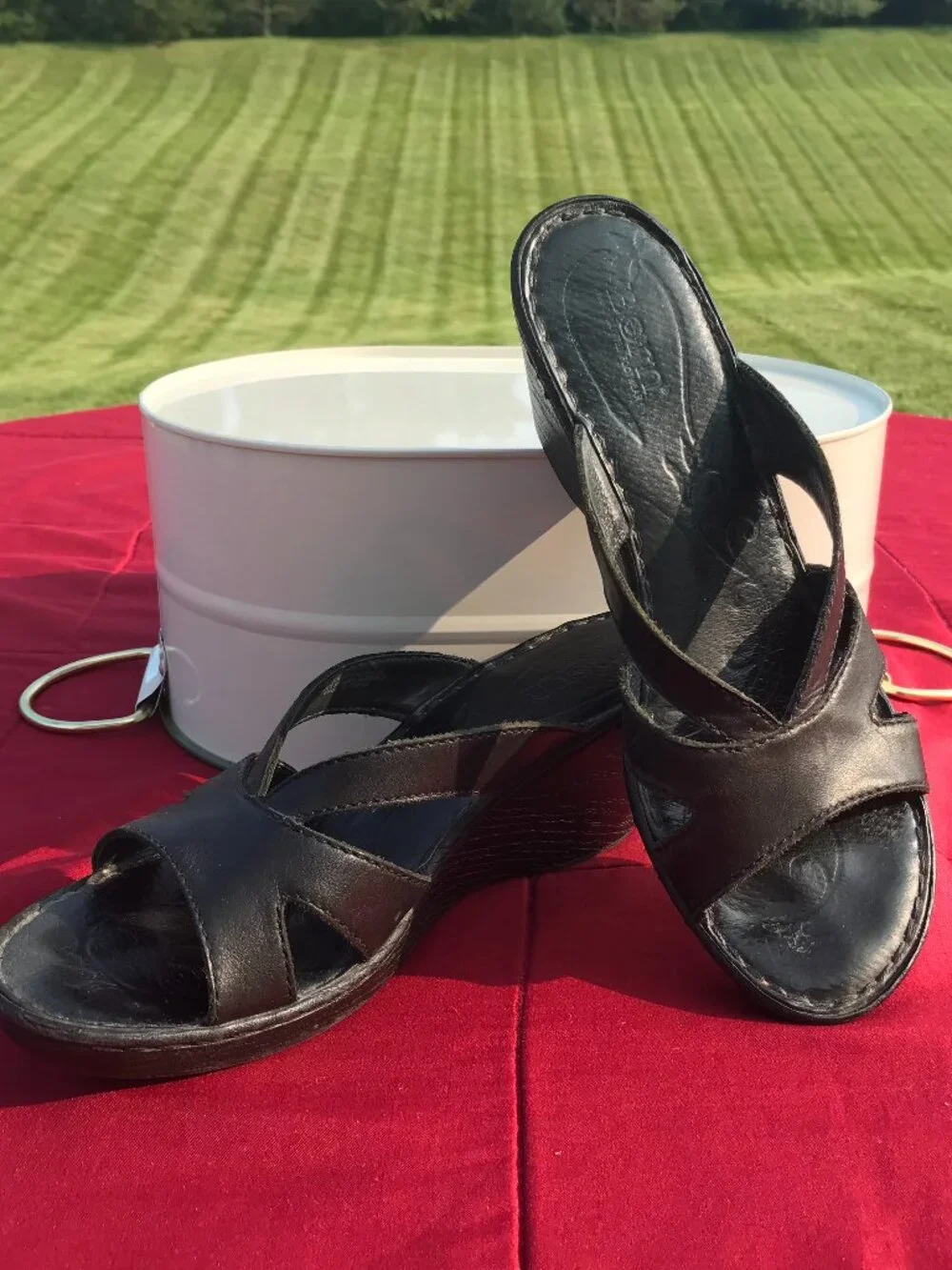 Black wedge sandal, slide.